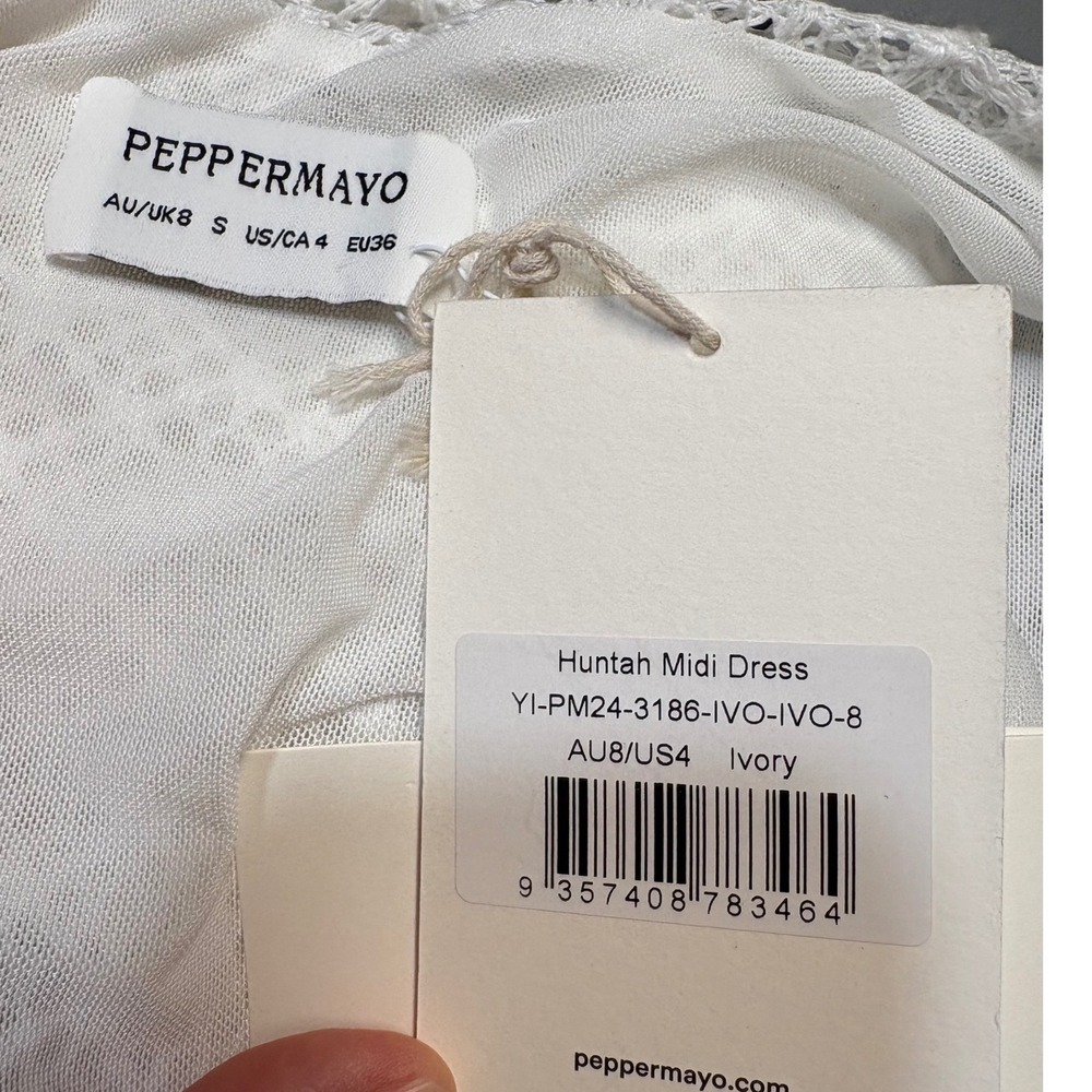 New NWT Peppermayo Ivory Huntah Asymmetric Crochet Off Shoulder Midi Dress - 4 - Picture 7 of 9